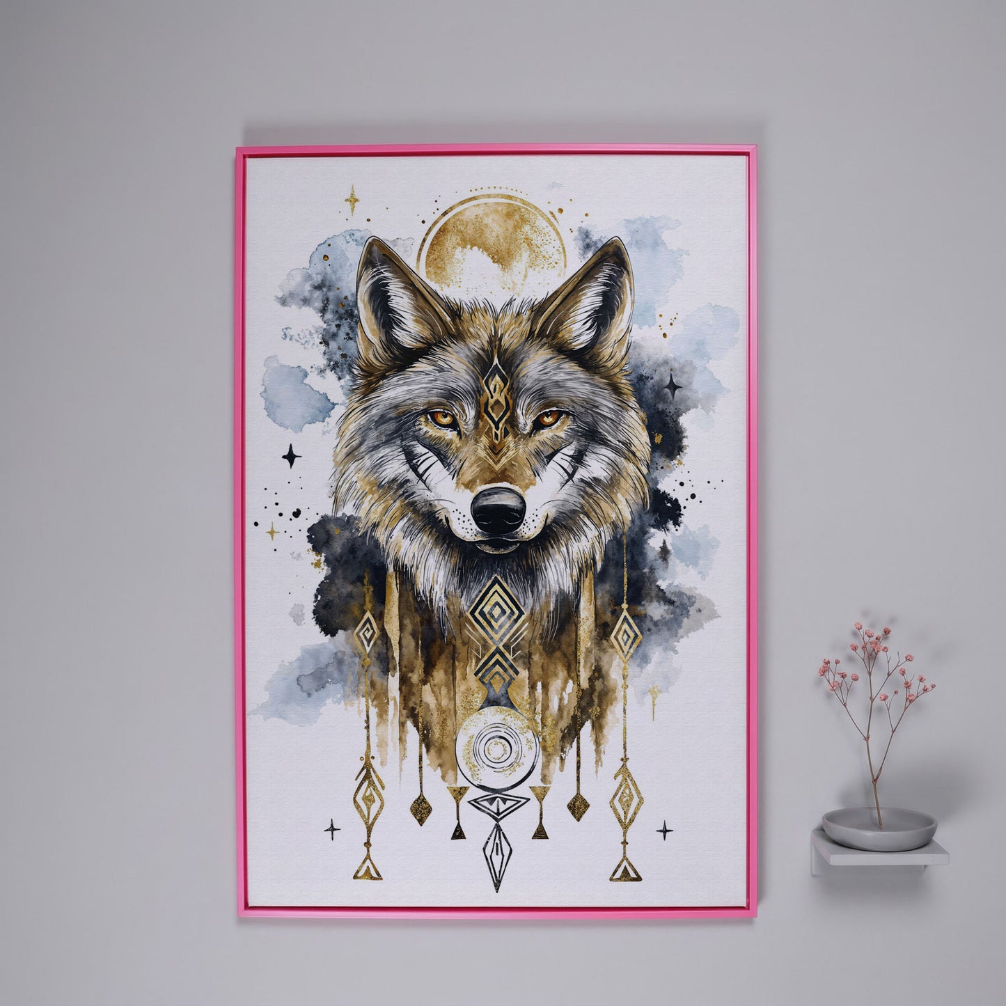Geometric Wolf Portrait Canvas Art with Celestial Detail in pink floating frame
