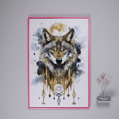 Geometric Wolf Portrait Canvas Art with Celestial Detail in pink floating frame