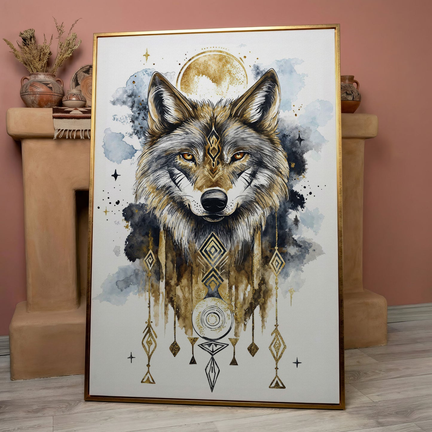Geometric Wolf Portrait Canvas Art with Celestial Detail in rose gold floating frame