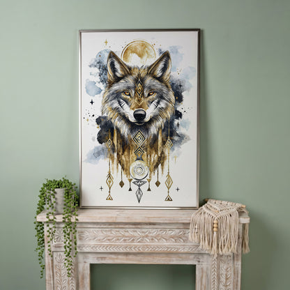 Geometric Wolf Portrait Canvas Art with Celestial Detail in silver floating frame