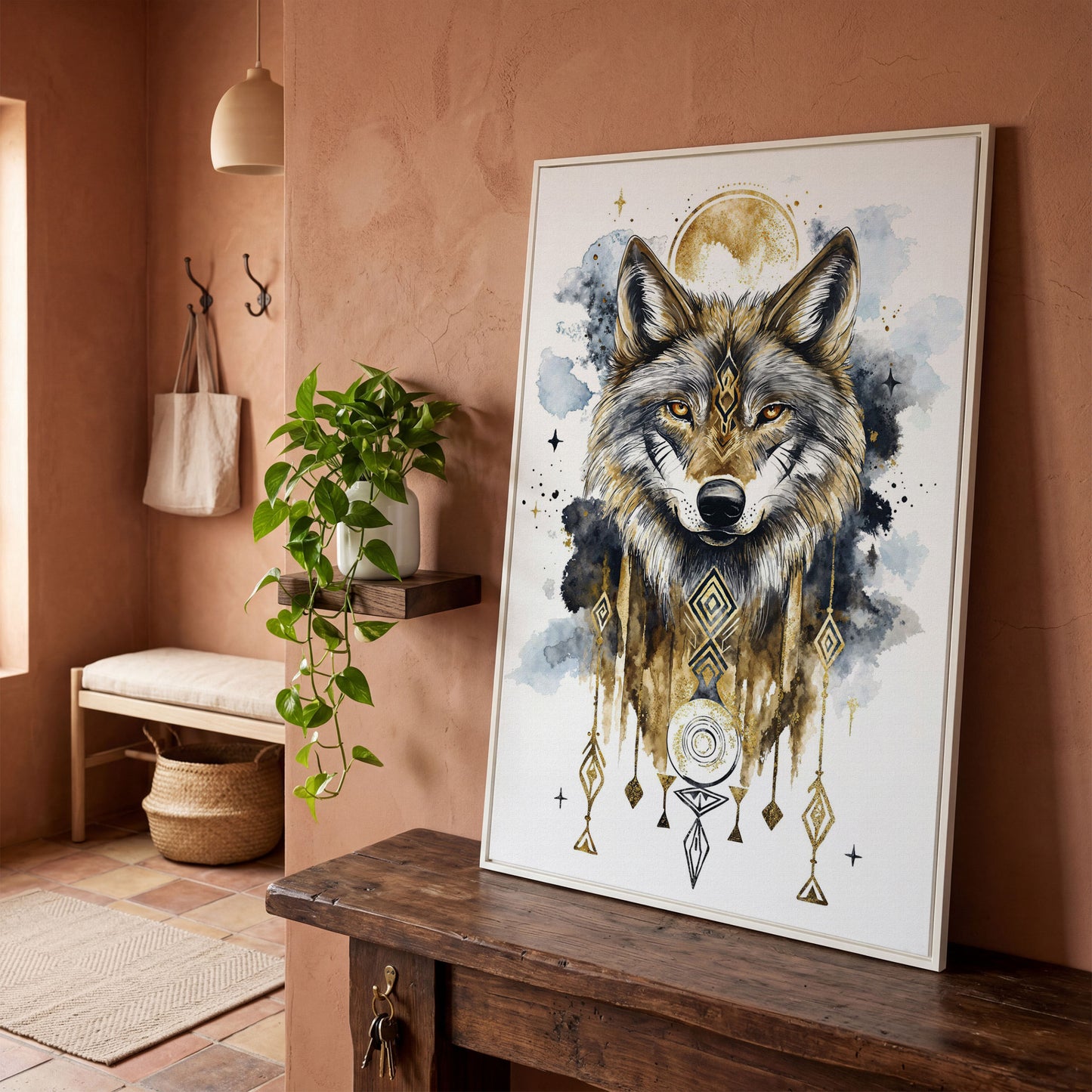 Geometric Wolf Portrait Canvas Art with Celestial Detail in white floating frame