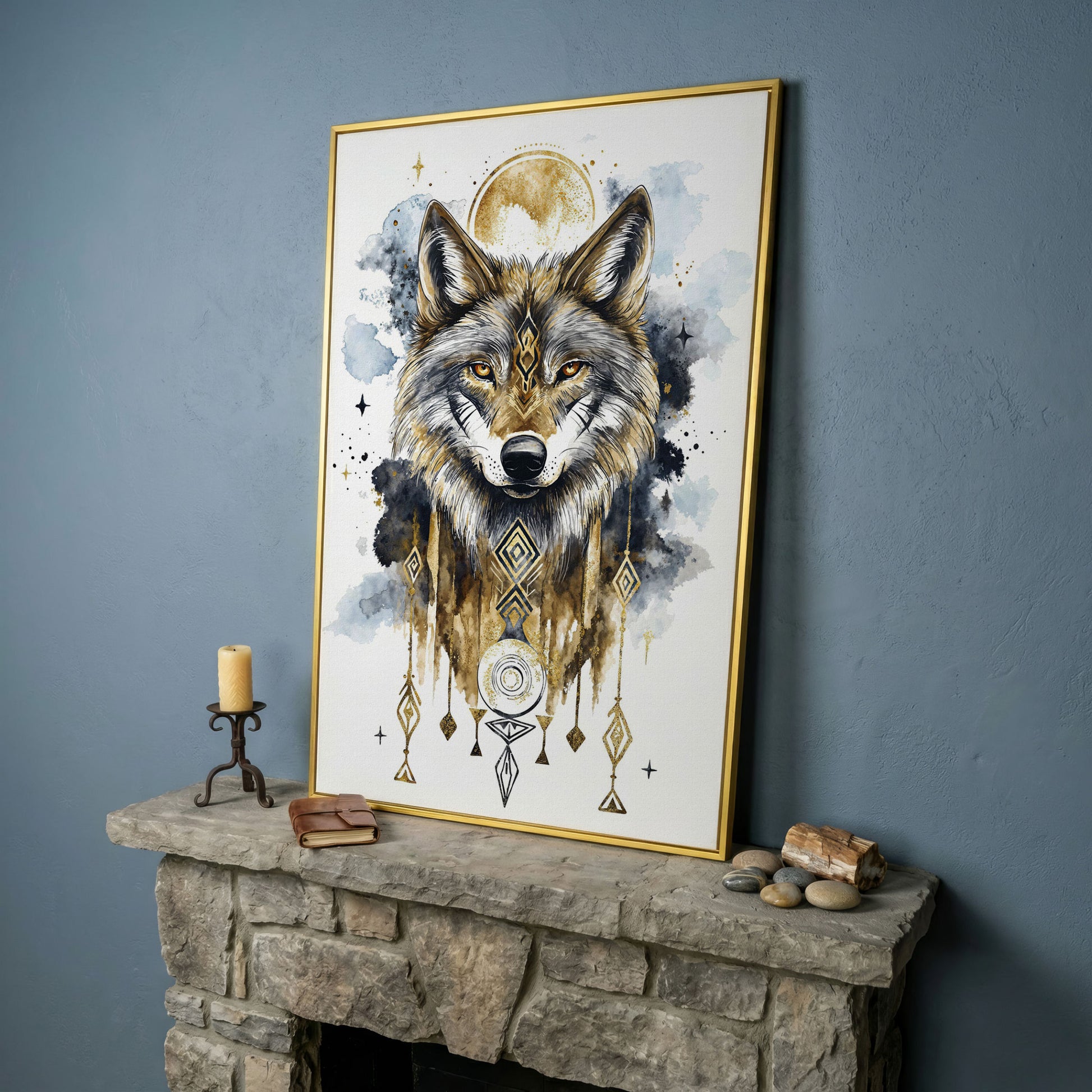 Geometric Wolf Portrait Canvas Art with Celestial Detail in yellow gold floating frame