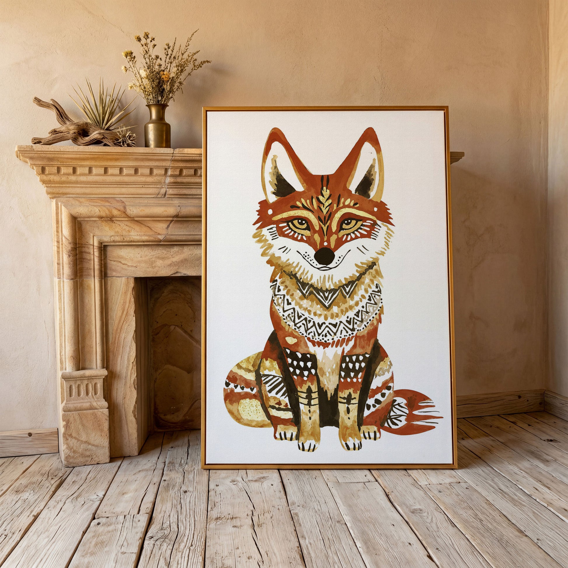 Fox Portrait with Decorative Patterns, Canvas Wall Art in antique gold floating frame