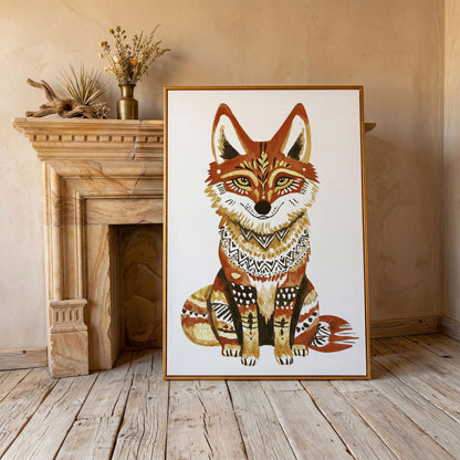 Fox Portrait with Decorative Patterns, Canvas Wall Art in antique gold floating frame