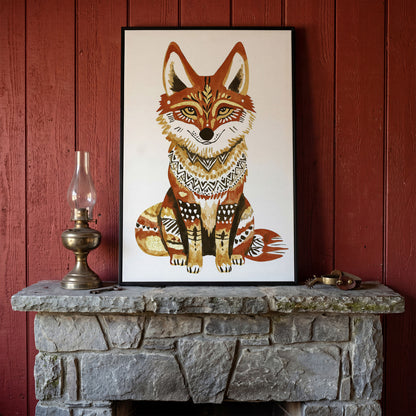Fox Portrait with Decorative Patterns, Canvas Wall Art in black floating frame