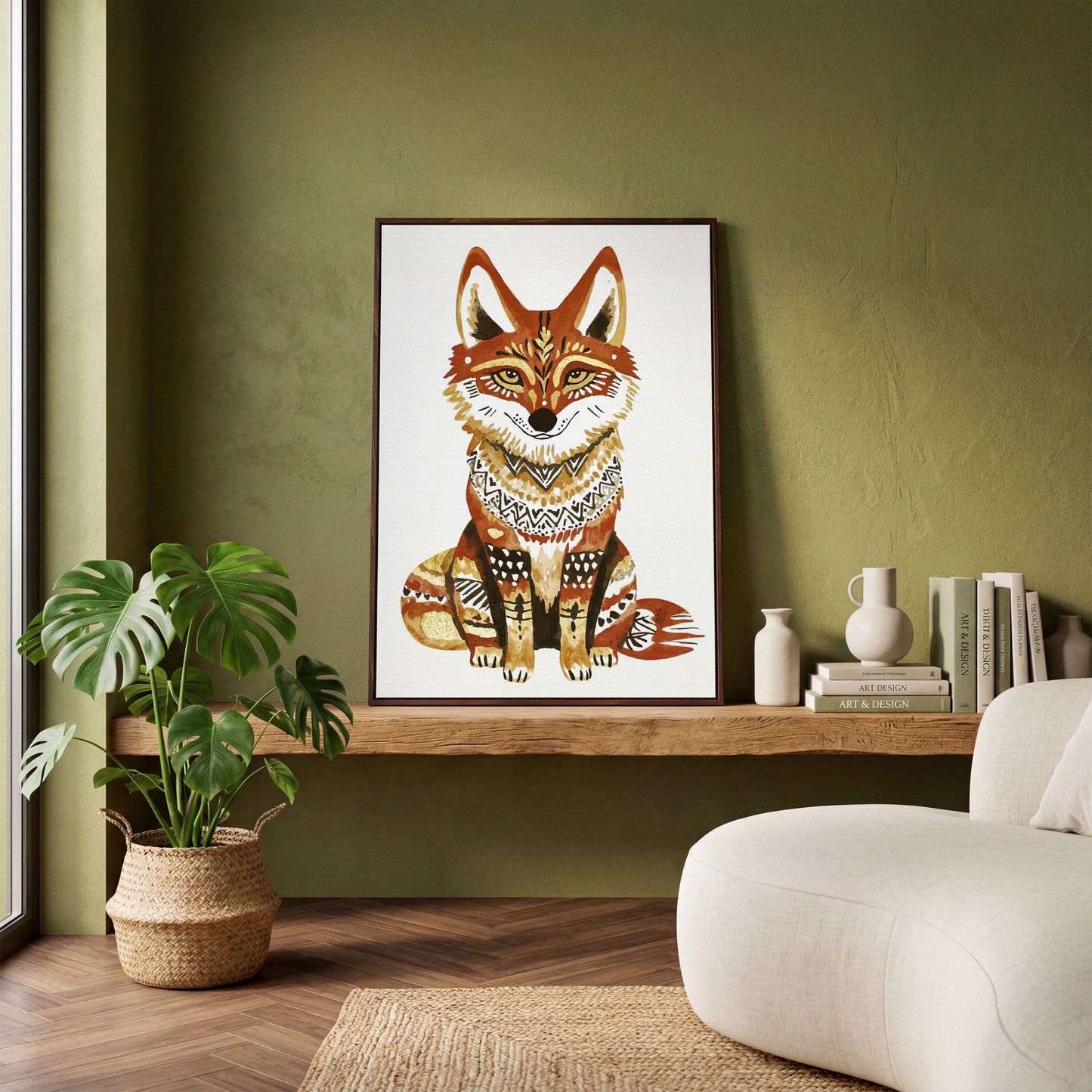 Fox Portrait with Decorative Patterns, Canvas Wall Art in dark walnut floating frame