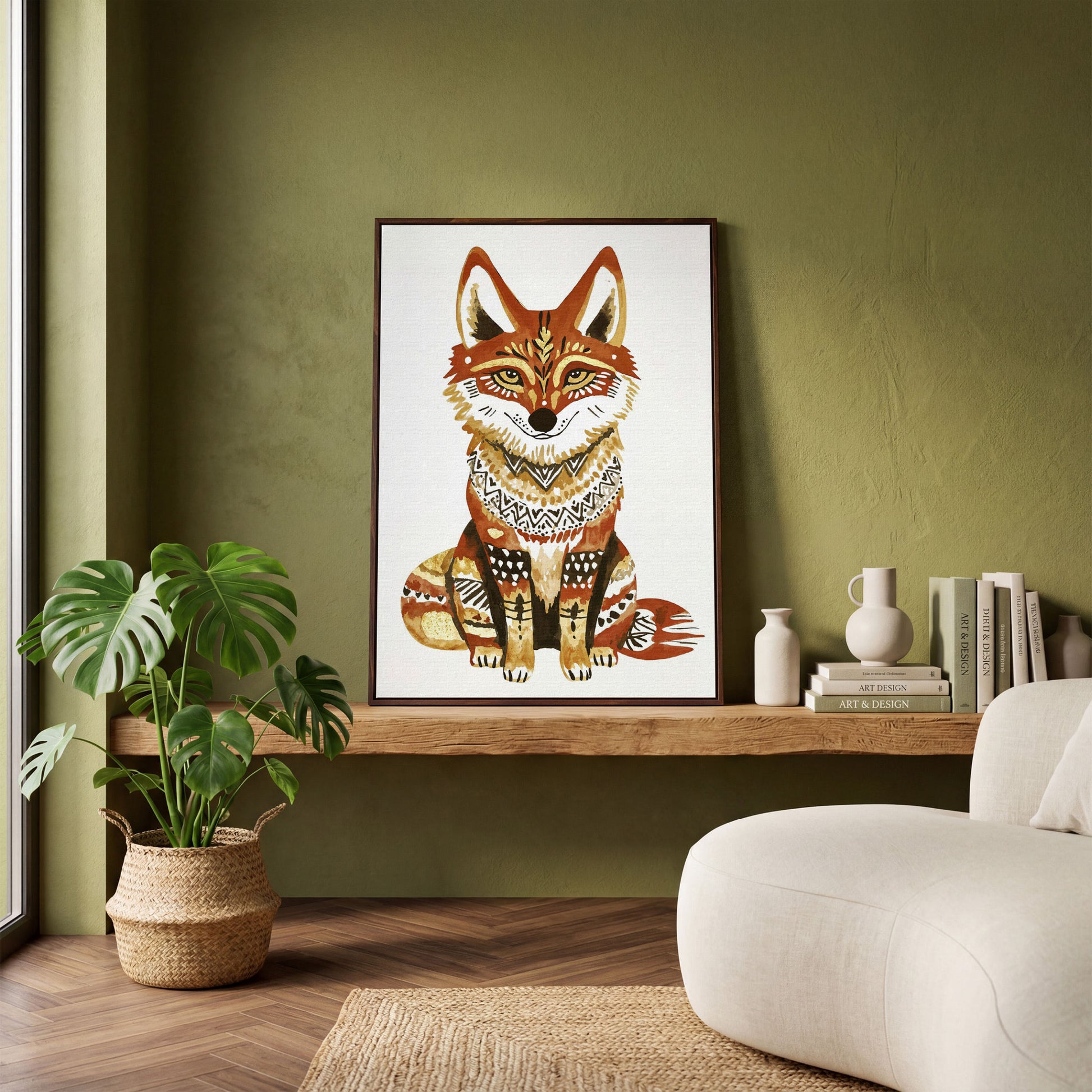 Fox Portrait with Decorative Patterns, Canvas Wall Art in dark walnut floating frame