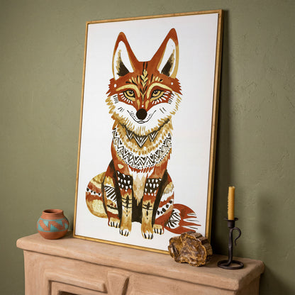 Fox Portrait with Decorative Patterns, Canvas Wall Art in white oak floating frame