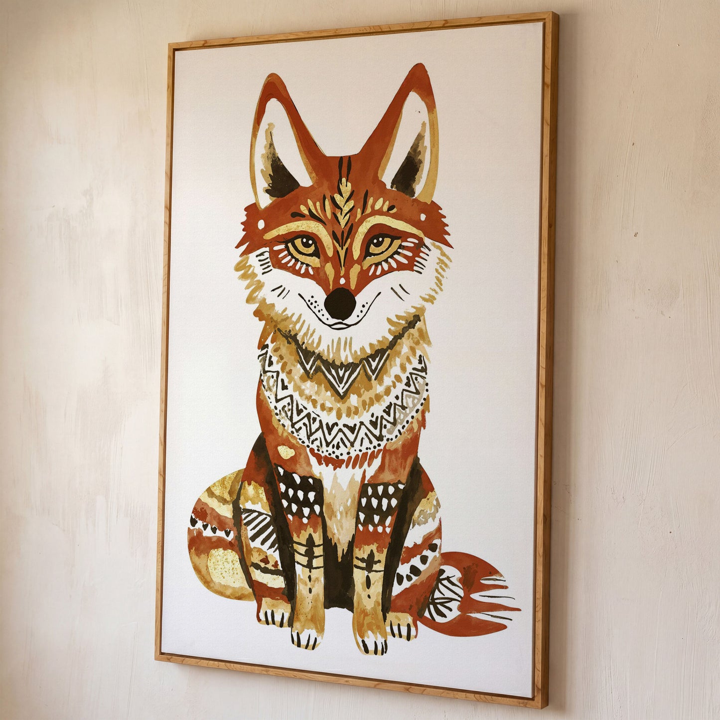 Fox Portrait with Decorative Patterns, Canvas Wall Art shown in white oak floating frame