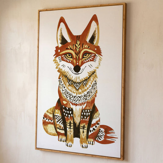 Fox Portrait with Decorative Patterns, Canvas Wall Art shown in white oak floating frame