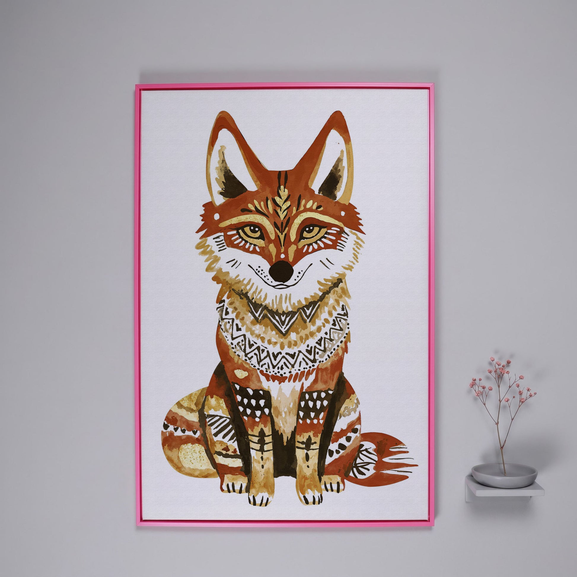 Fox Portrait with Decorative Patterns, Canvas Wall Art in pink floating frame