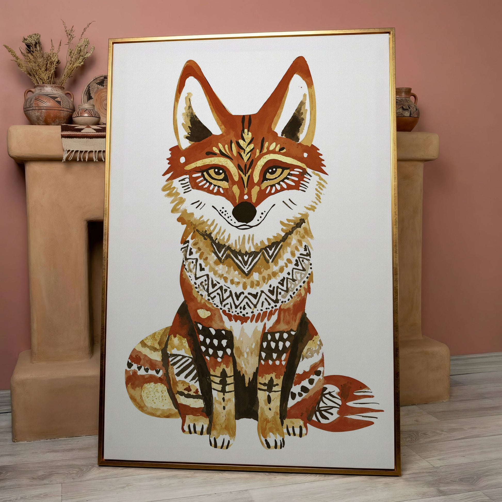 Fox Portrait with Decorative Patterns, Canvas Wall Art in rose gold floating frame