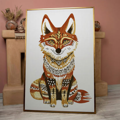 Fox Portrait with Decorative Patterns, Canvas Wall Art in rose gold floating frame