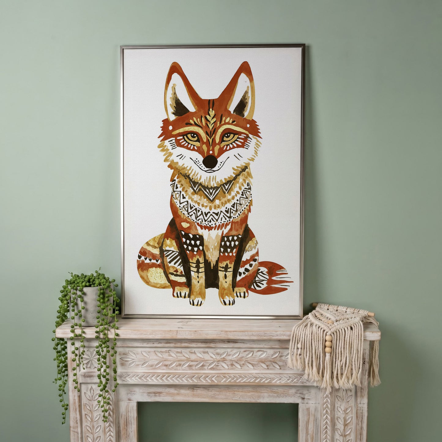 Fox Portrait with Decorative Patterns, Canvas Wall Art in silver floating frame