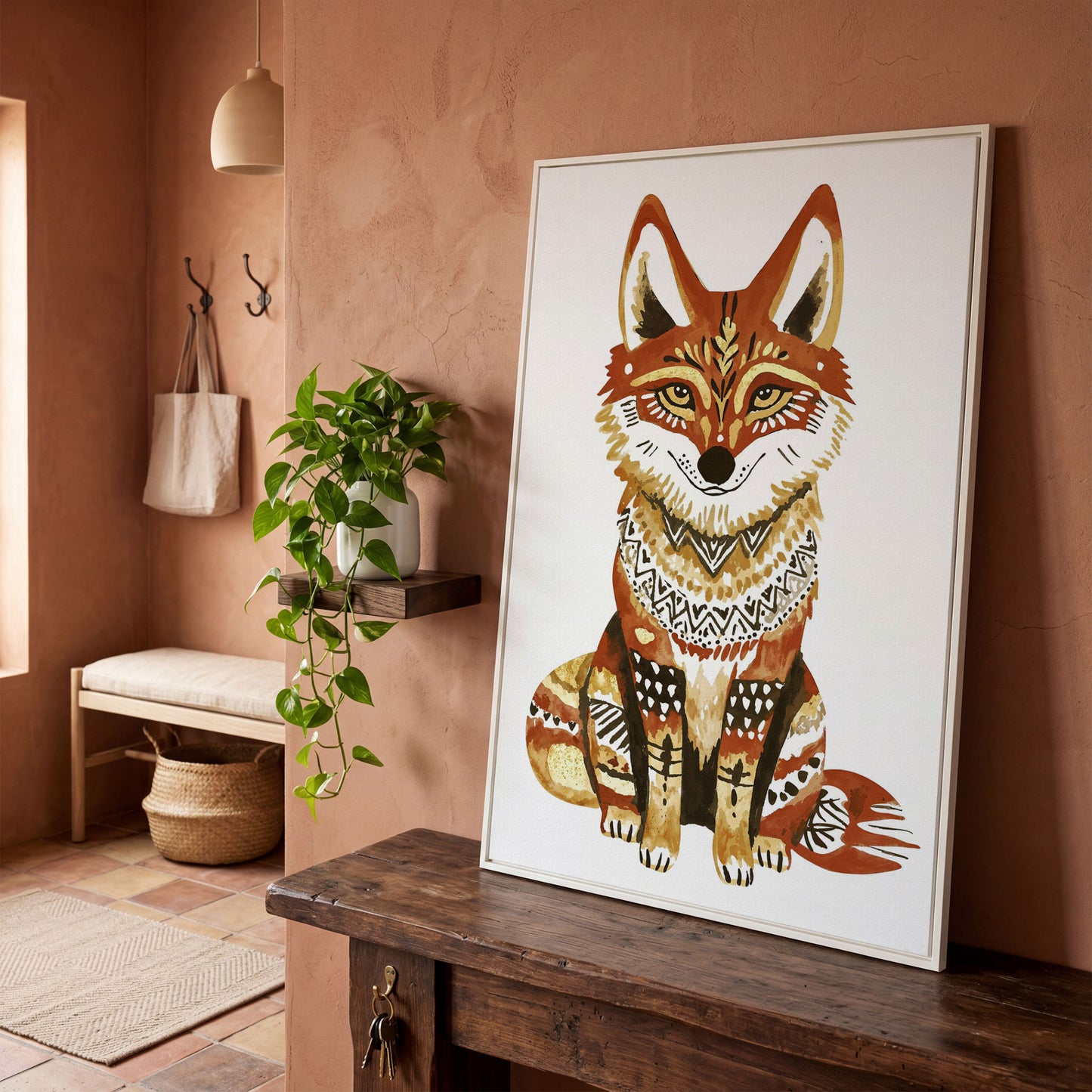 Fox Portrait with Decorative Patterns, Canvas Wall Art in white floating frame