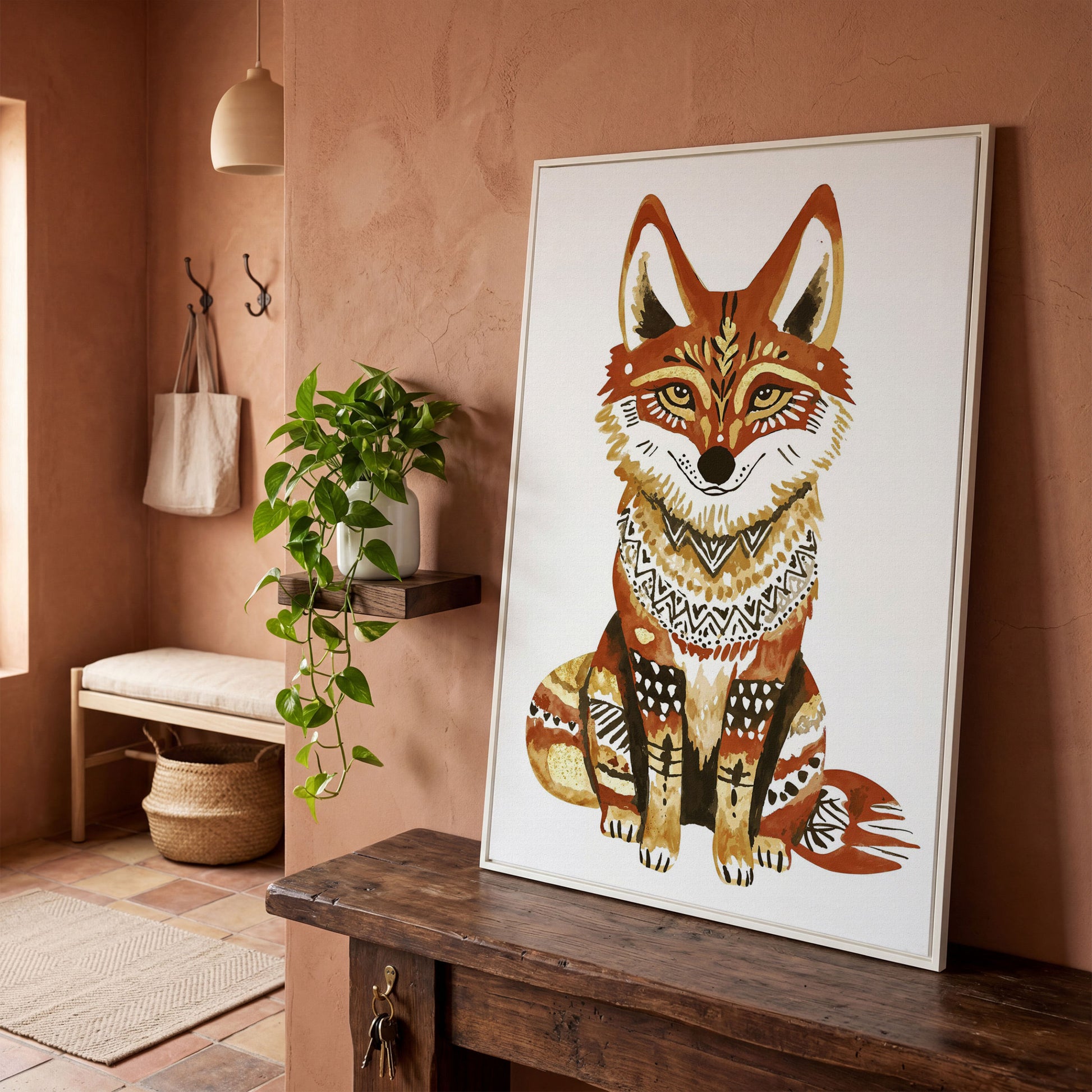 Fox Portrait with Decorative Patterns, Canvas Wall Art in white floating frame