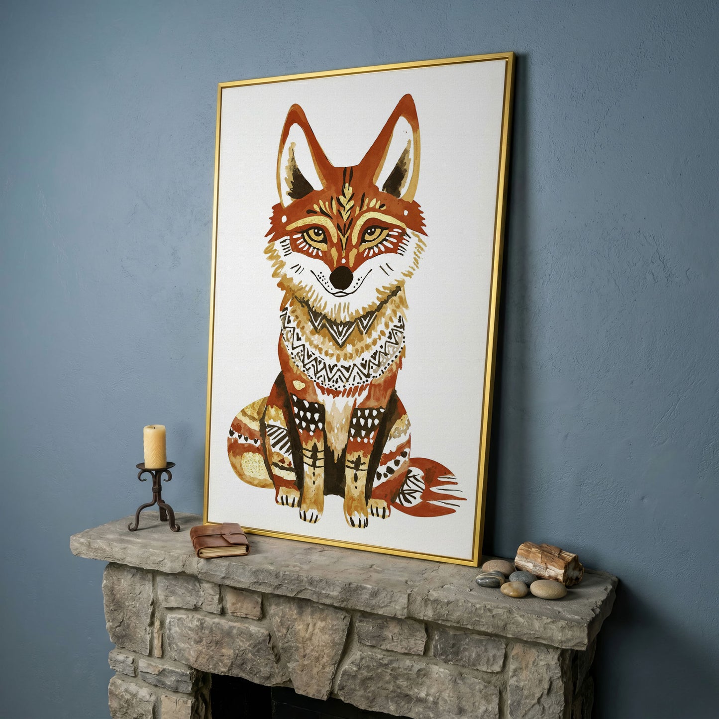 Fox Portrait with Decorative Patterns, Canvas Wall Art in yellow gold floating frame