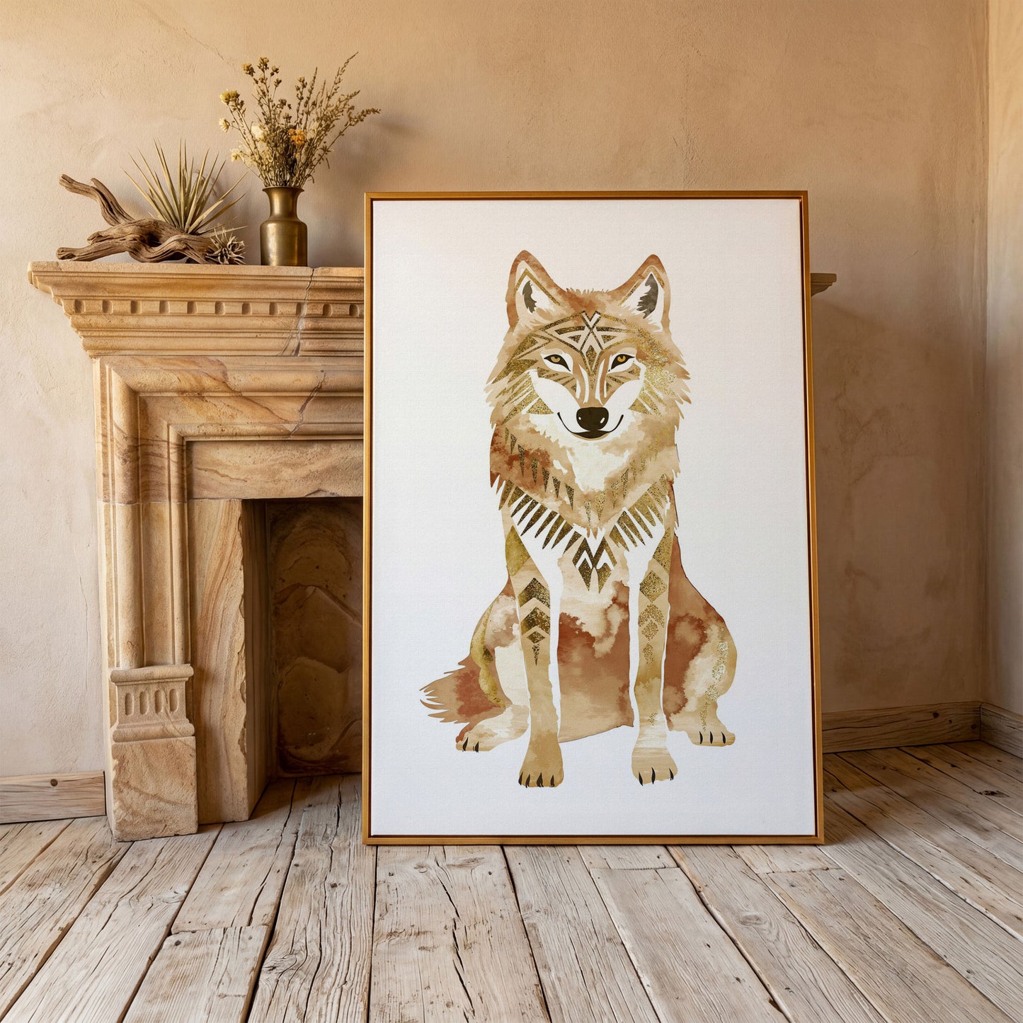 Geometric Tribal Wolf Portrait Canvas Wall Art in antique gold floating frame