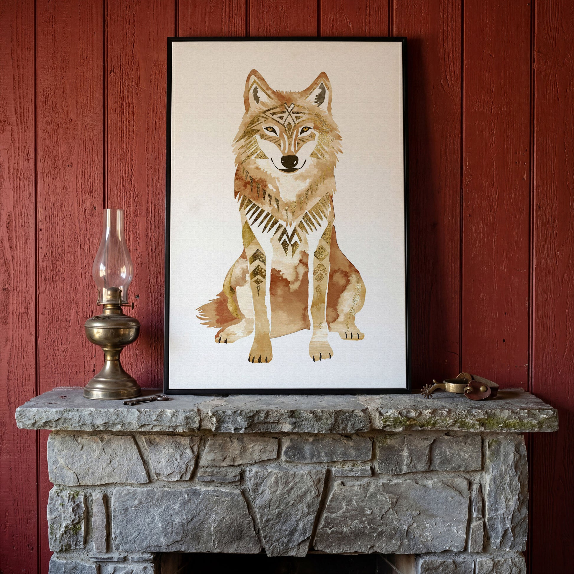 Geometric Tribal Wolf Portrait Canvas Wall Art in black floating frame