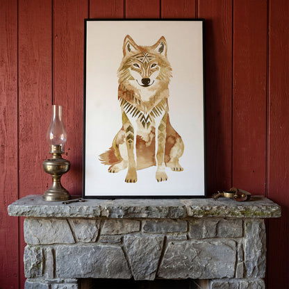 Geometric Tribal Wolf Portrait Canvas Wall Art in black floating frame