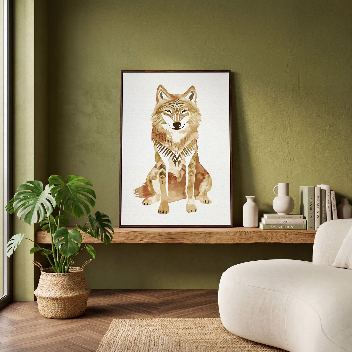 Geometric Tribal Wolf Portrait Canvas Wall Art in dark walnut floating frame