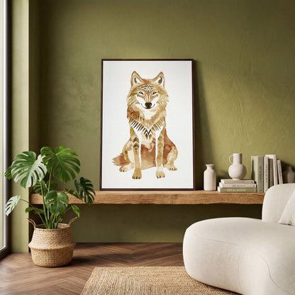 Geometric Tribal Wolf Portrait Canvas Wall Art in dark walnut floating frame