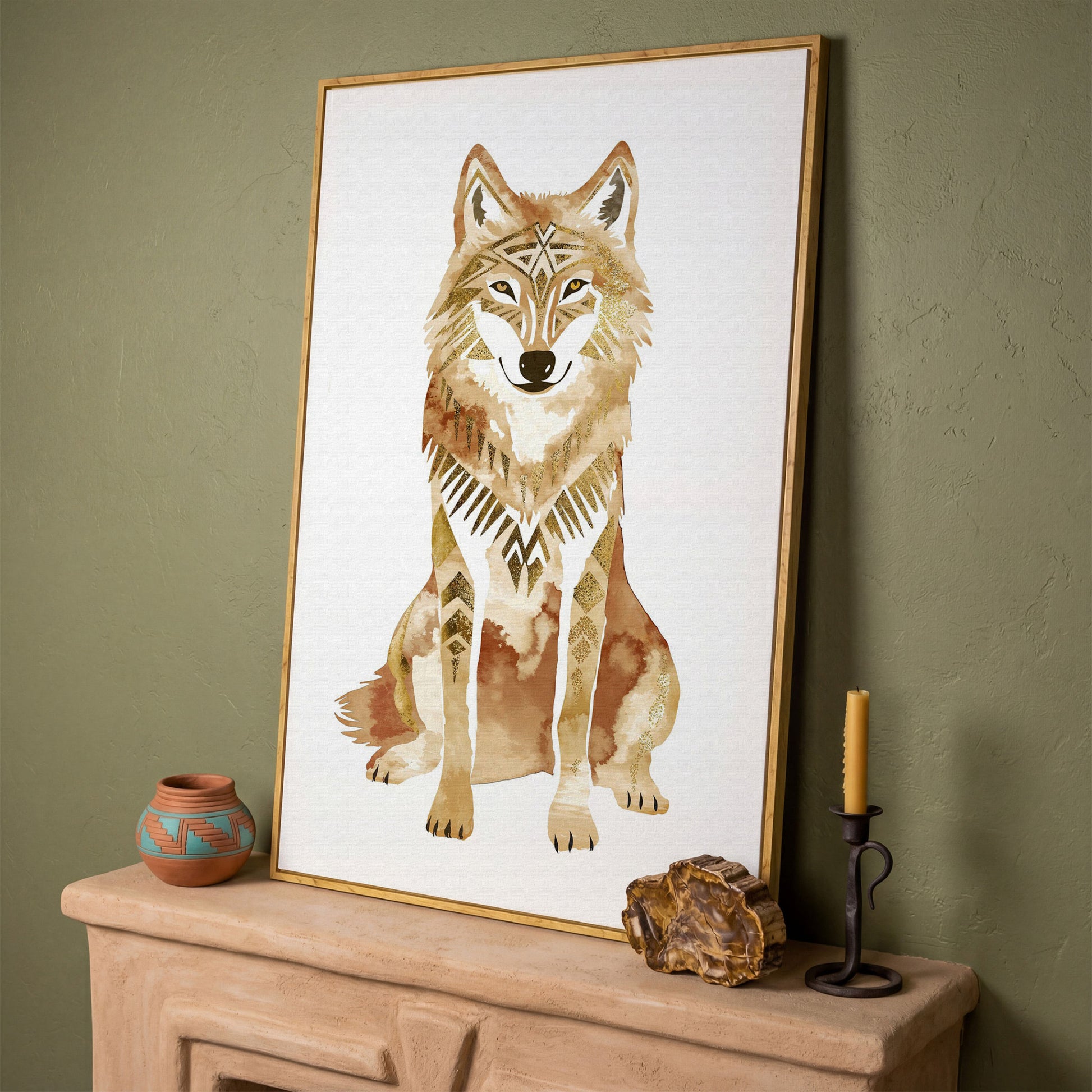 Geometric Tribal Wolf Portrait Canvas Wall Art in white oak floating frame
