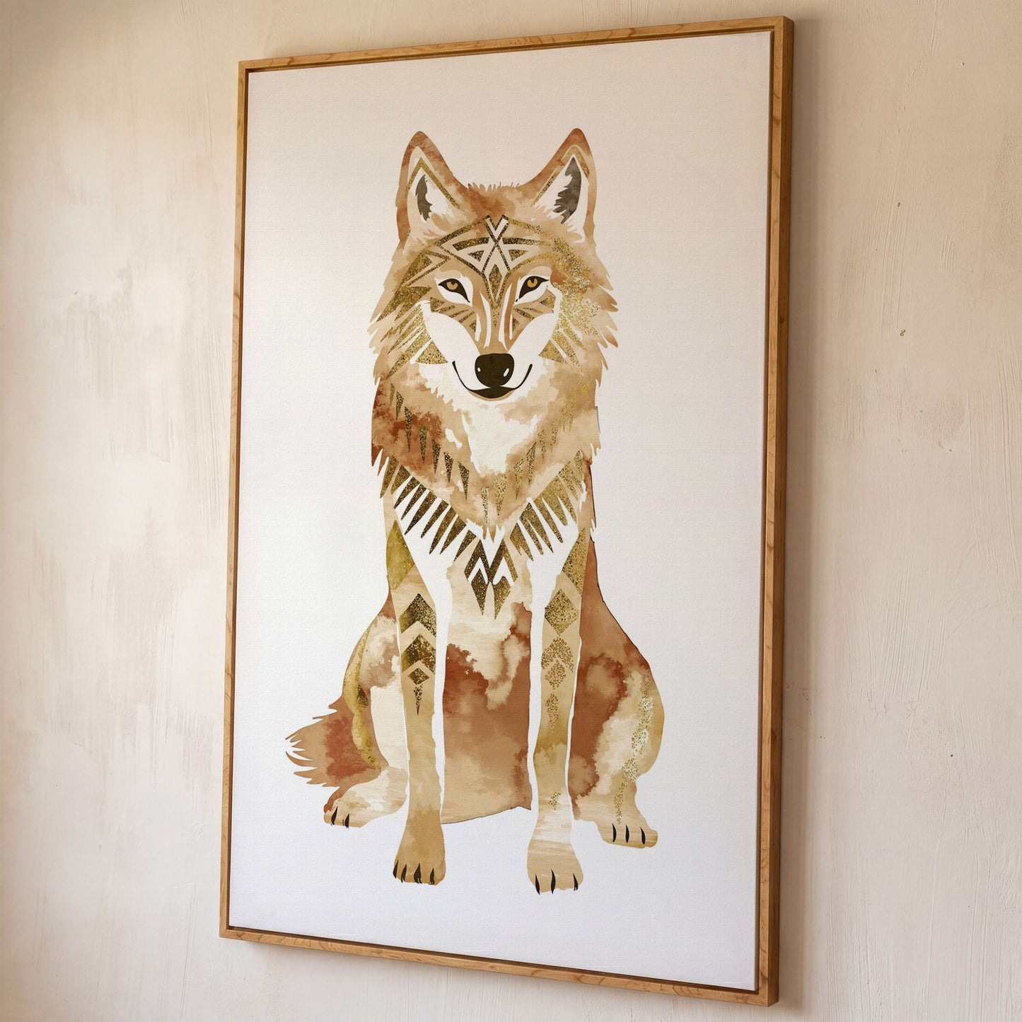Geometric Tribal Wolf Portrait Canvas Wall Art shown in white oak floating frame