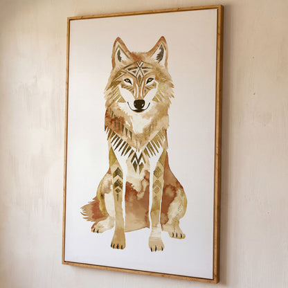 Geometric Tribal Wolf Portrait Canvas Wall Art shown in white oak floating frame