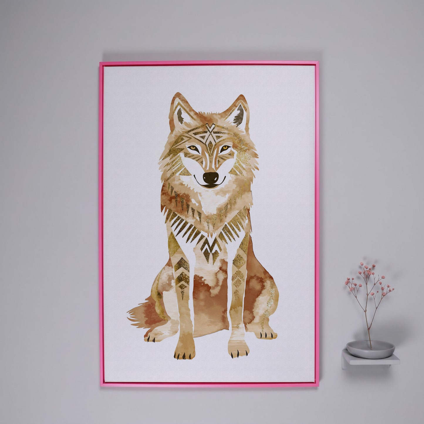 Geometric Tribal Wolf Portrait Canvas Wall Art in pink floating frame