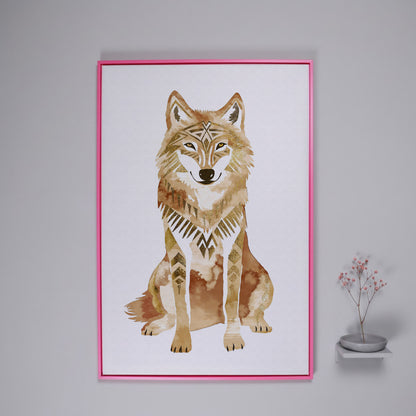 Geometric Tribal Wolf Portrait Canvas Wall Art in pink floating frame
