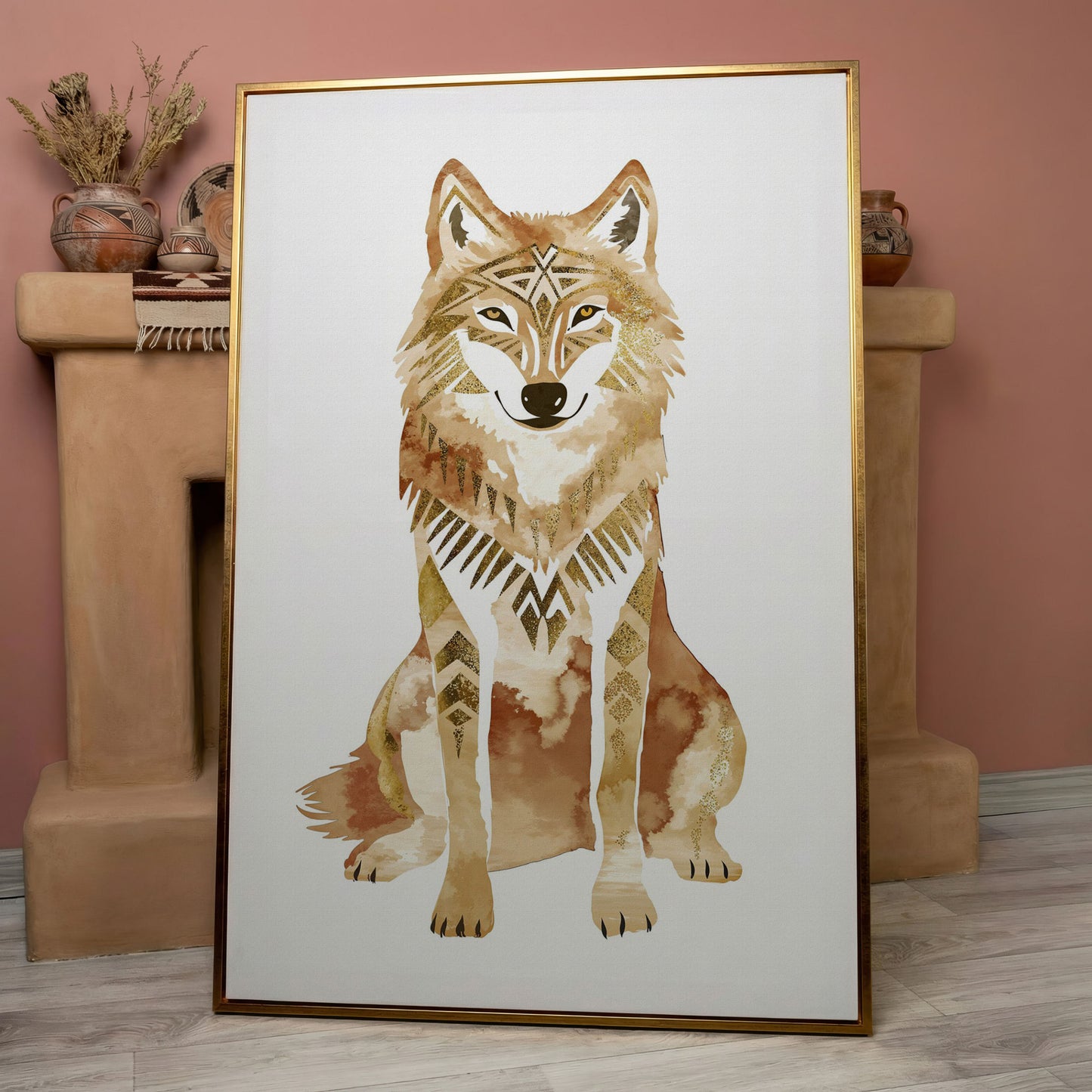 Geometric Tribal Wolf Portrait Canvas Wall Art in rose gold floating frame