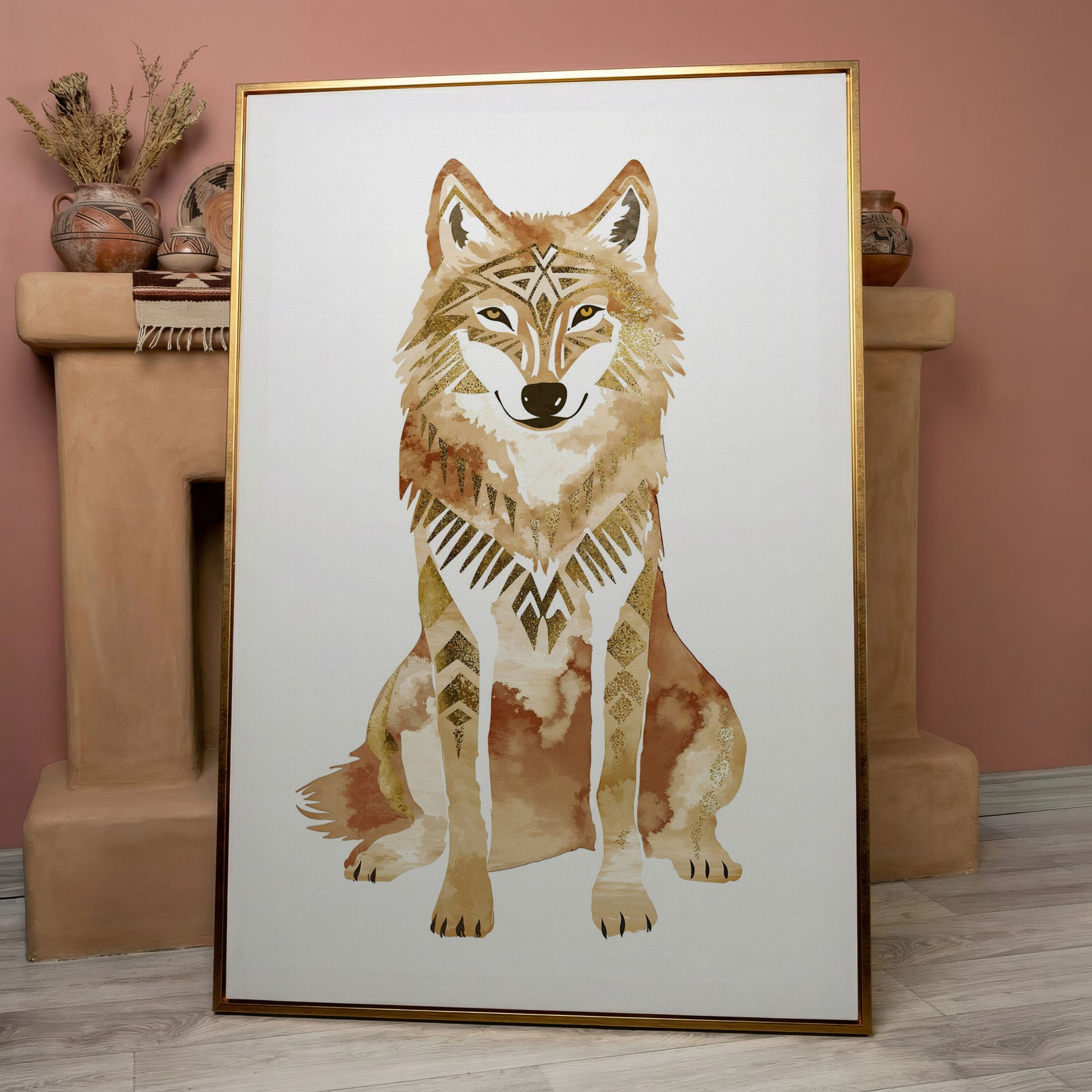 Geometric Tribal Wolf Portrait Canvas Wall Art in rose gold floating frame