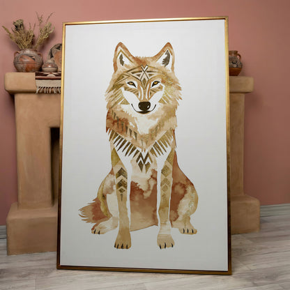 Geometric Tribal Wolf Portrait Canvas Wall Art in rose gold floating frame