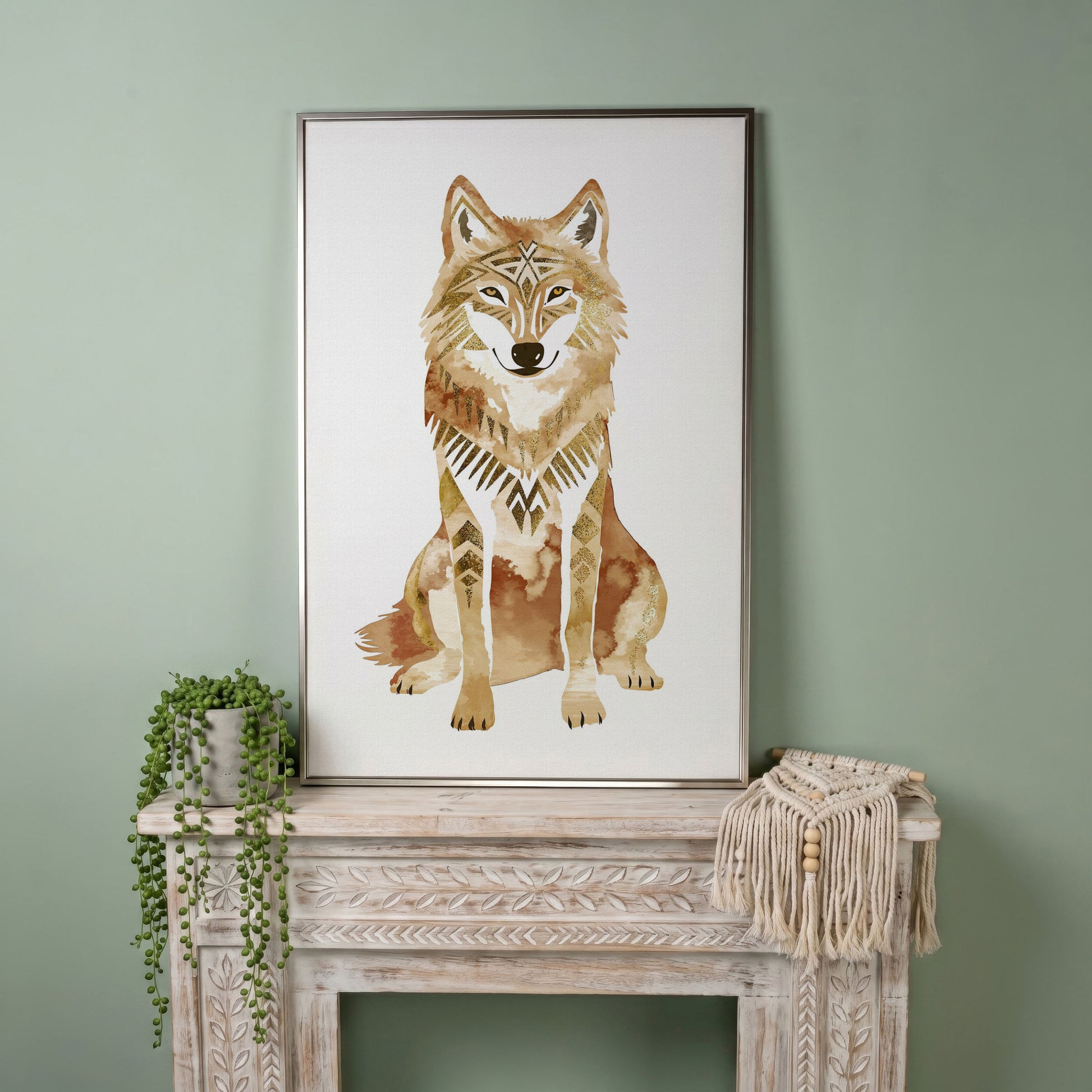 Geometric Tribal Wolf Portrait Canvas Wall Art in silver floating frame