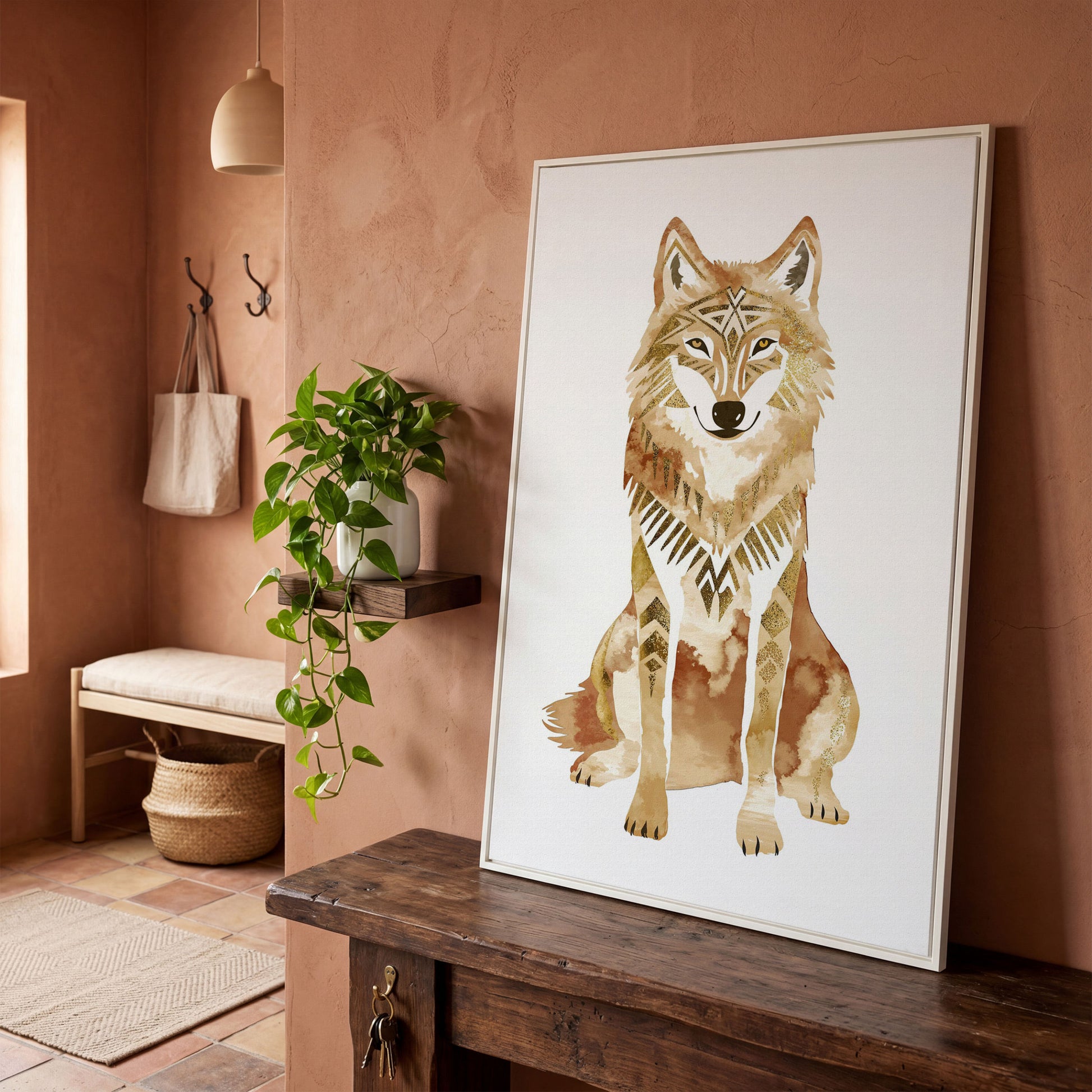 Geometric Tribal Wolf Portrait Canvas Wall Art in white floating frame