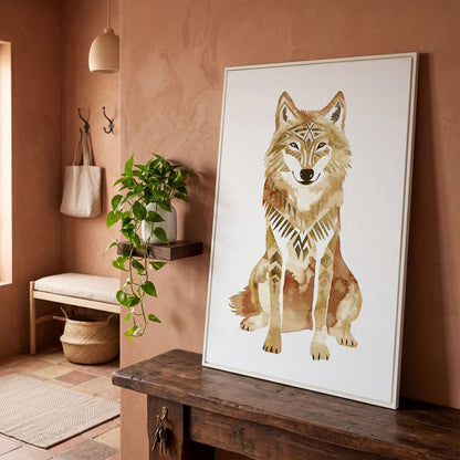 Geometric Tribal Wolf Portrait Canvas Wall Art in white floating frame