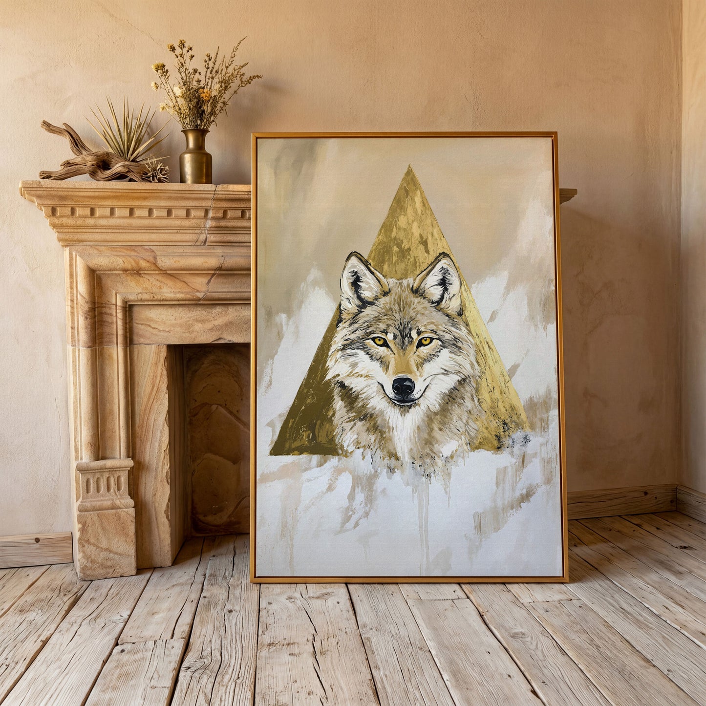 Wolf Portrait Canvas Art with Golden Geometric Triangle in antique gold floating frame