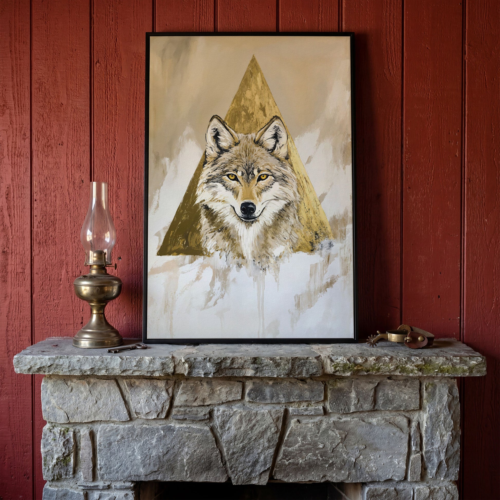 Wolf Portrait Canvas Art with Golden Geometric Triangle in black floating frame