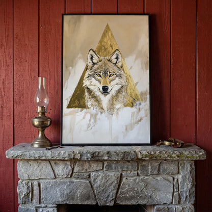 Wolf Portrait Canvas Art with Golden Geometric Triangle in black floating frame