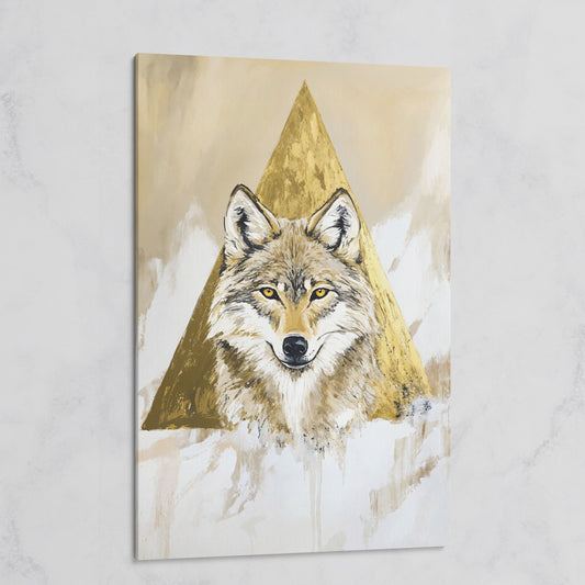 Wolf Portrait Canvas Art with Golden Geometric Triangle on gallery wrap