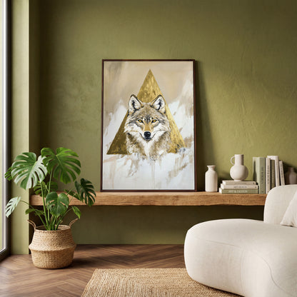 Wolf Portrait Canvas Art with Golden Geometric Triangle in dark walnut floating frame