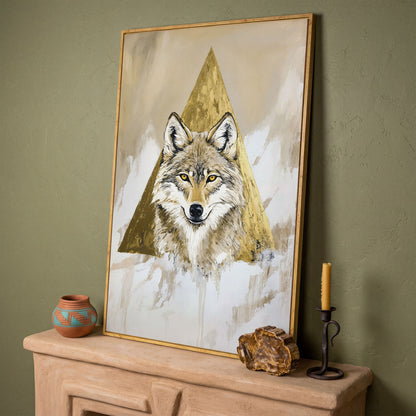 Wolf Portrait Canvas Art with Golden Geometric Triangle in white oak floating frame