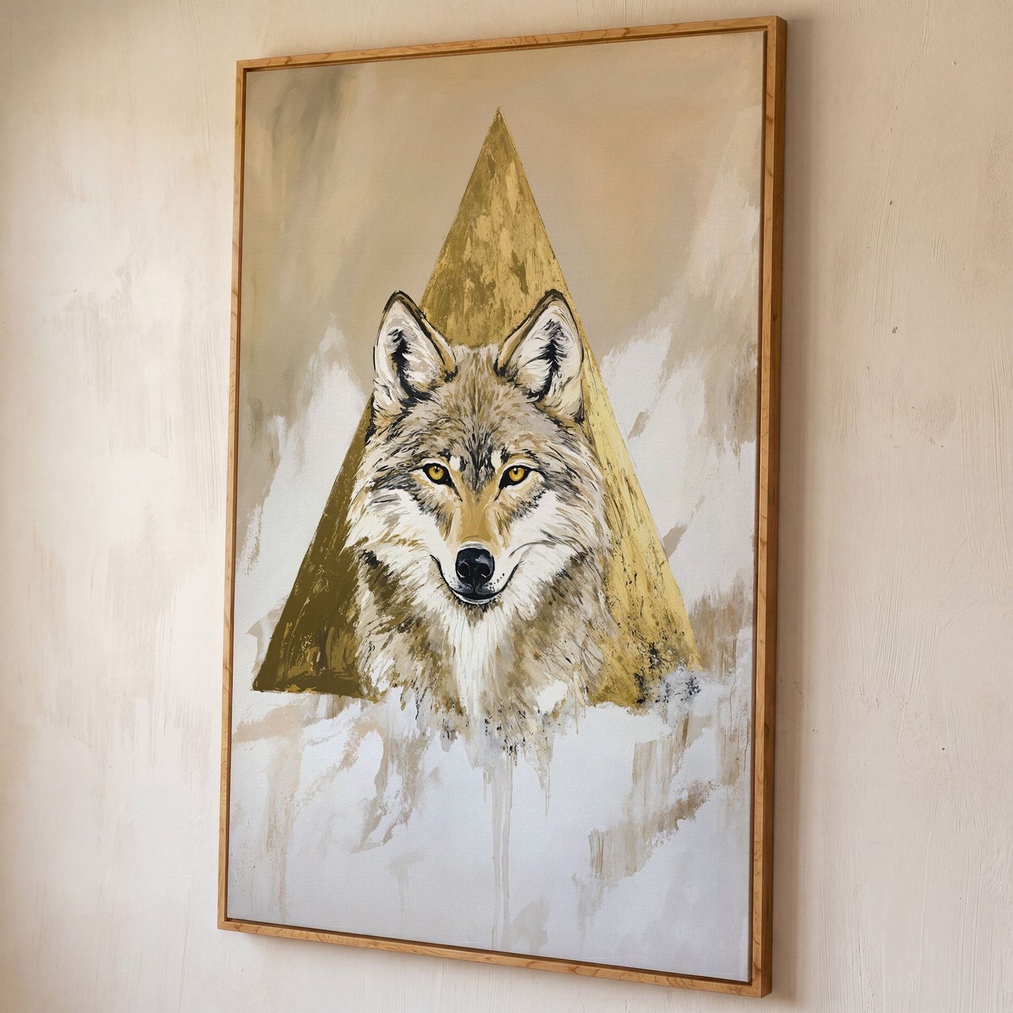 Wolf Portrait Canvas Art with Golden Geometric Triangle shown in white oak floating frame