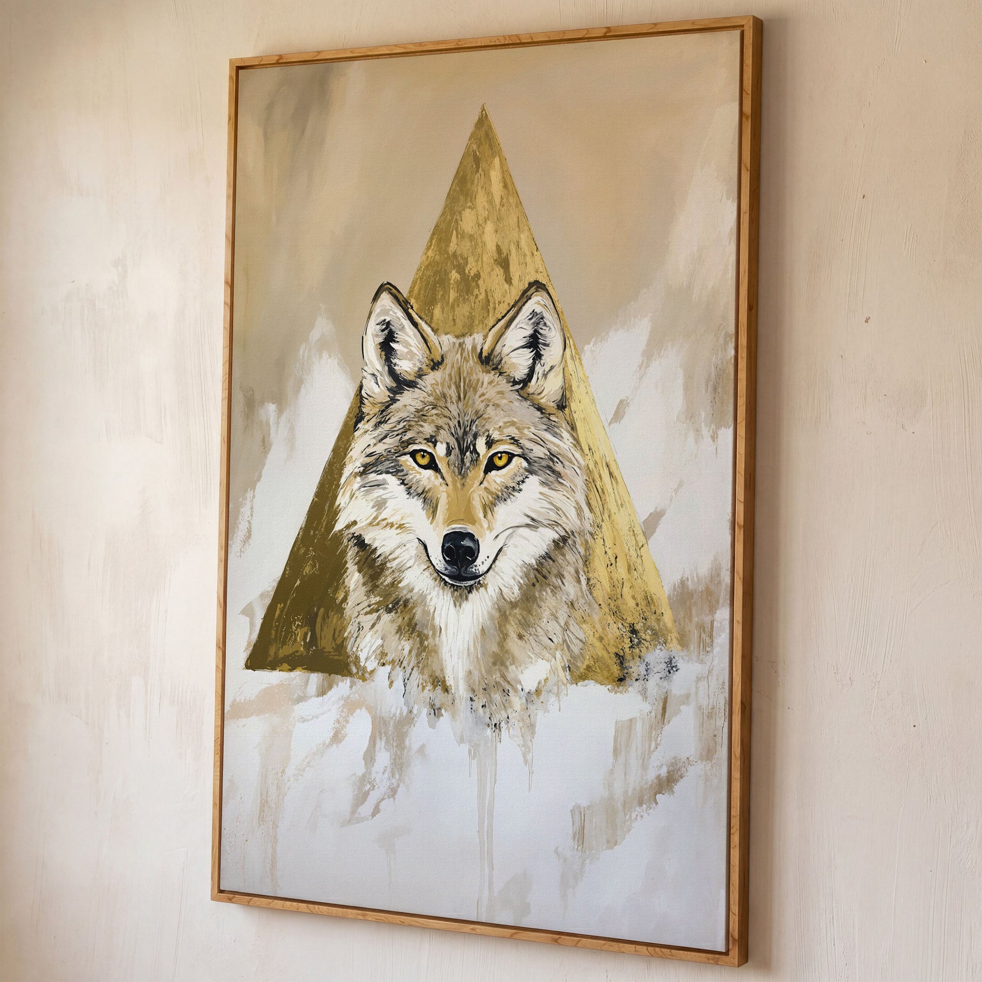 Wolf Portrait Canvas Art with Golden Geometric Triangle shown in white oak floating frame
