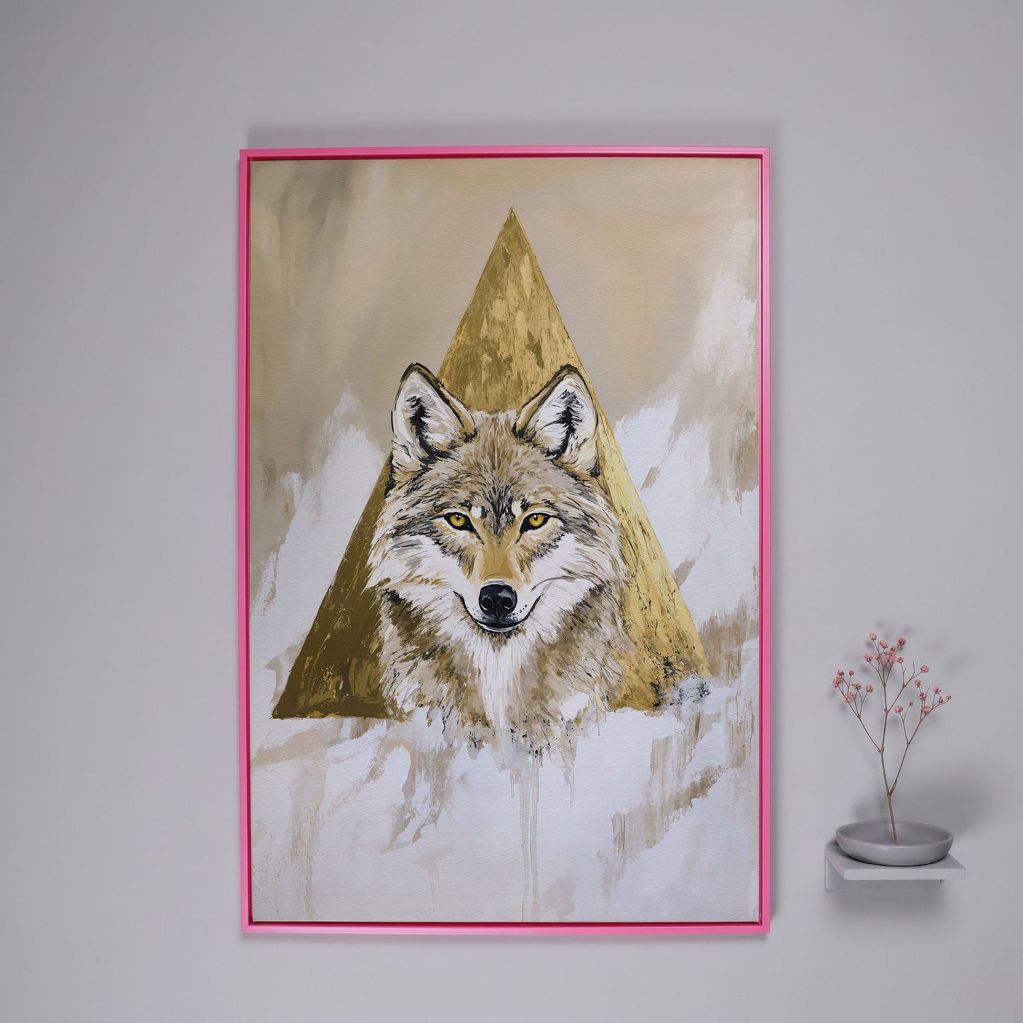Wolf Portrait Canvas Art with Golden Geometric Triangle in pink floating frame