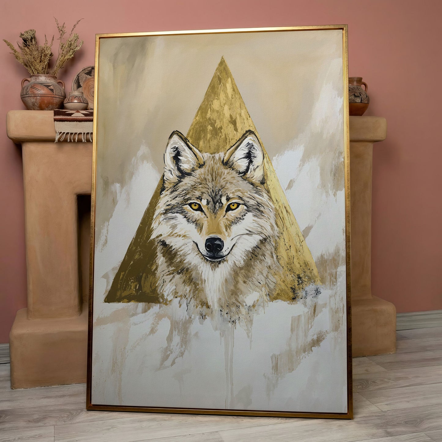 Wolf Portrait Canvas Art with Golden Geometric Triangle in rose gold floating frame