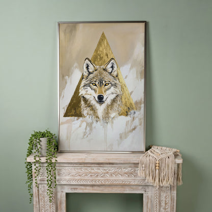 Wolf Portrait Canvas Art with Golden Geometric Triangle in silver floating frame