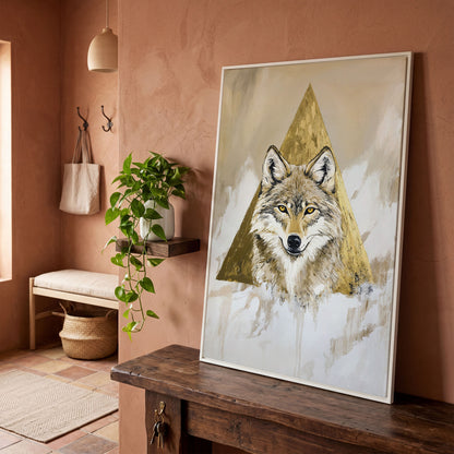 Wolf Portrait Canvas Art with Golden Geometric Triangle in white floating frame