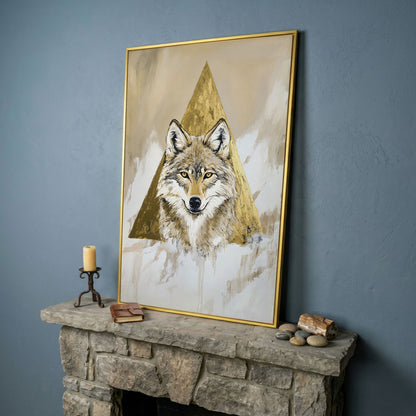 Wolf Portrait Canvas Art with Golden Geometric Triangle in yellow gold floating frame
